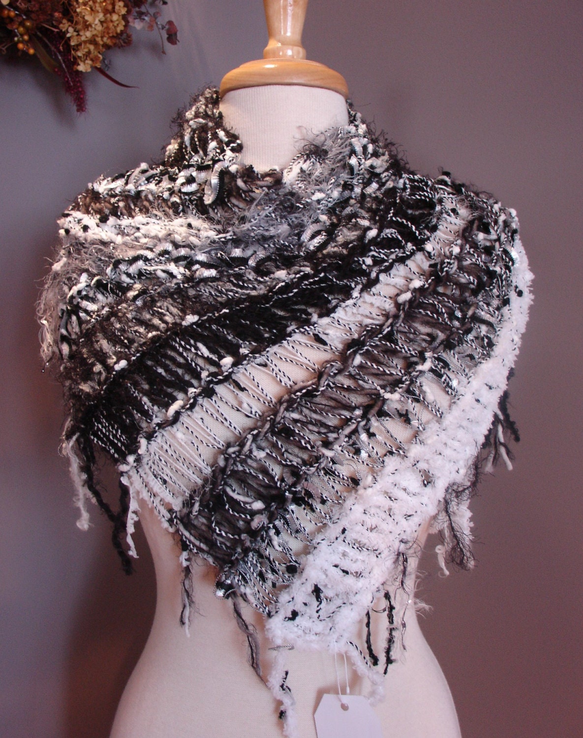 Shaggy Chic 'Panda' Fringed Mini Poncho - Multitextural Fringed Black, White, Silver Novely Fibers