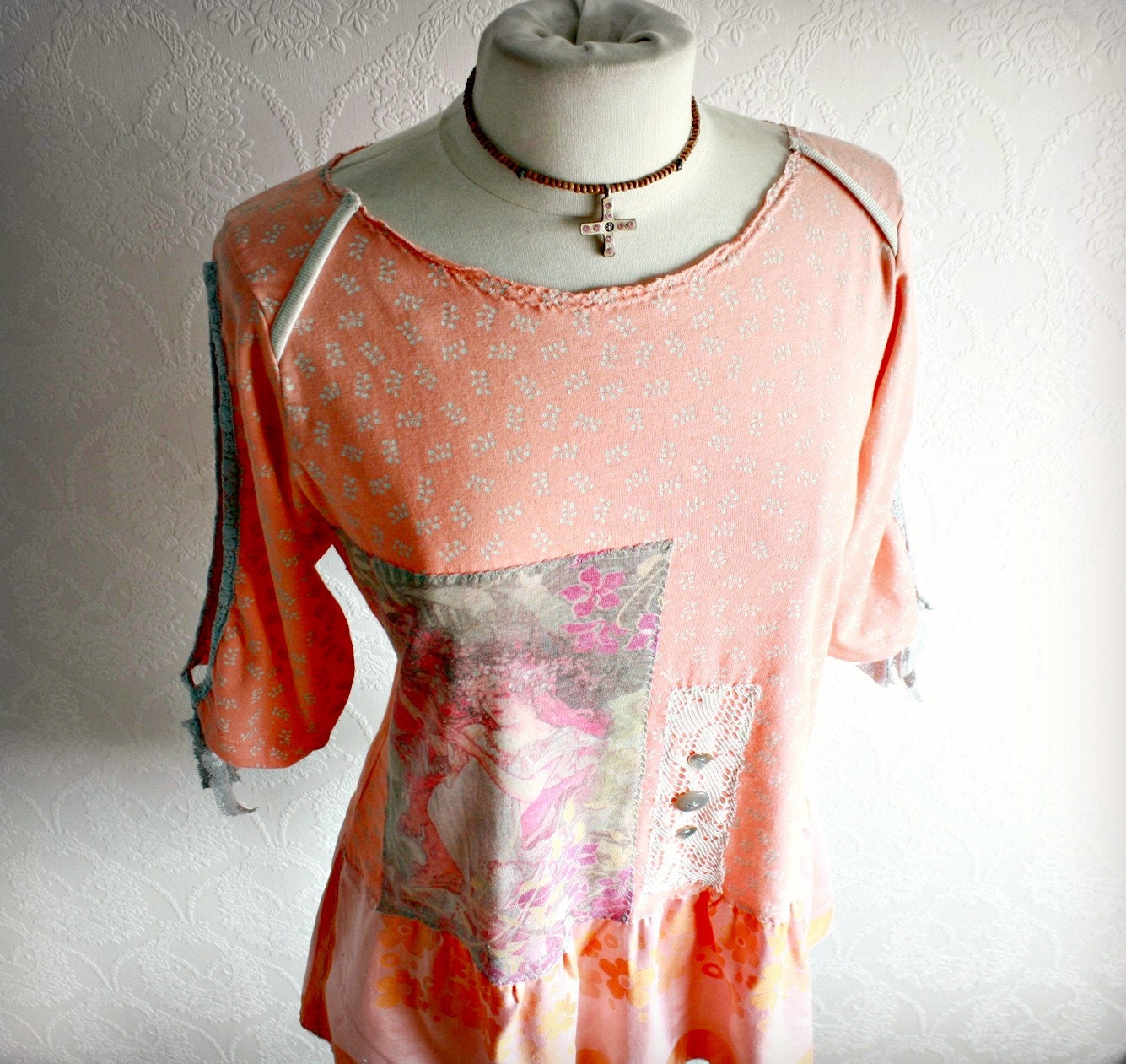 Peach Women's Top Recycled Clothing Woodland Fairy Shirt Eco Friendly Romantic Tunic Upcycled Clothes Ladies Wear Large 'DIONNE'