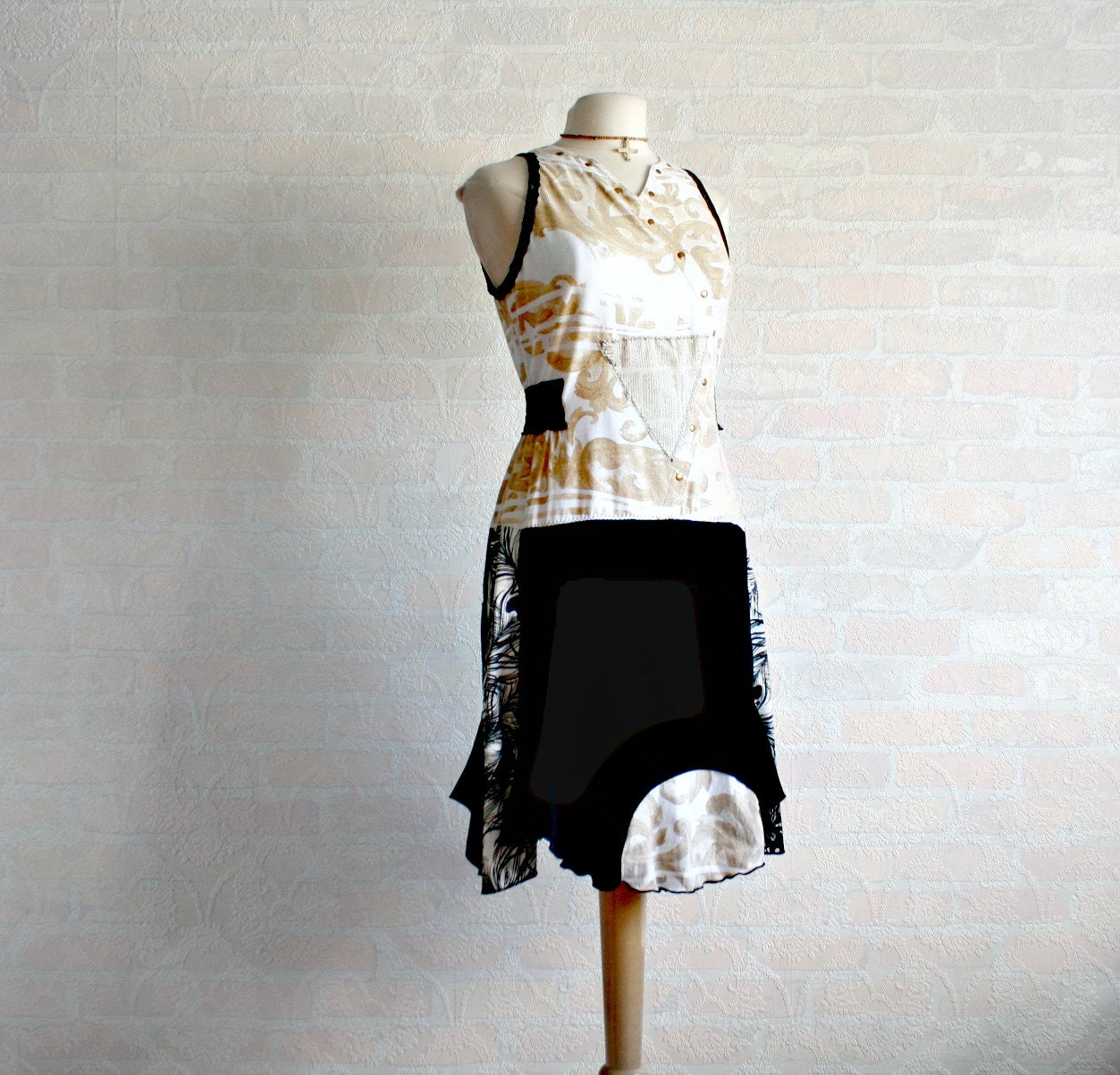 Reconstructed Dress Women's Boho Clothes Black Sundress White Tan Damask Print Eco Clothing Upcycled Dress Medium 'LILY'