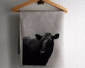 Striped teatowel screenprinted with mrs Cow