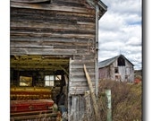 Old Barn Fine Art Photography, Weathered Wood And Machines, Red Rusted Farm Equipment, Overgrown Grass, Storm Clouds Gather
