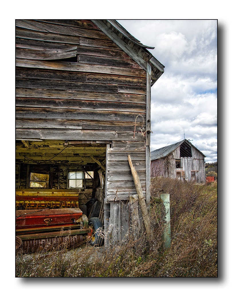 Old Barn Fine Art Photography, Weathered Wood And Machines, Red Rusted Farm Equipment, Overgrown Grass, Storm Cluods Gather