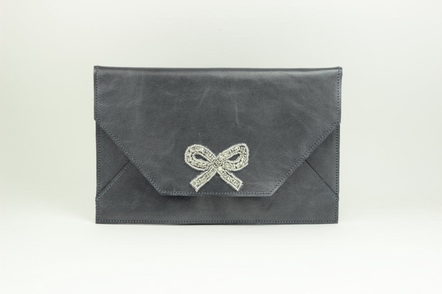 Leather Envelope Clutch / Rhinstone Purse / Bridesmaid Clutch (Jewelled Loveletter Clutch : Gray)