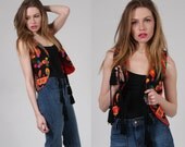 Vintage 70s FLORAL Vest Bright PSYCHEDELIC Hippie Top w/ Tassels