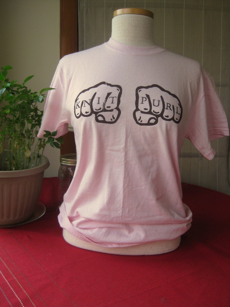 T-Shirt: Knit/Purl Knuckle Tattoos, light pink T w/ brown print