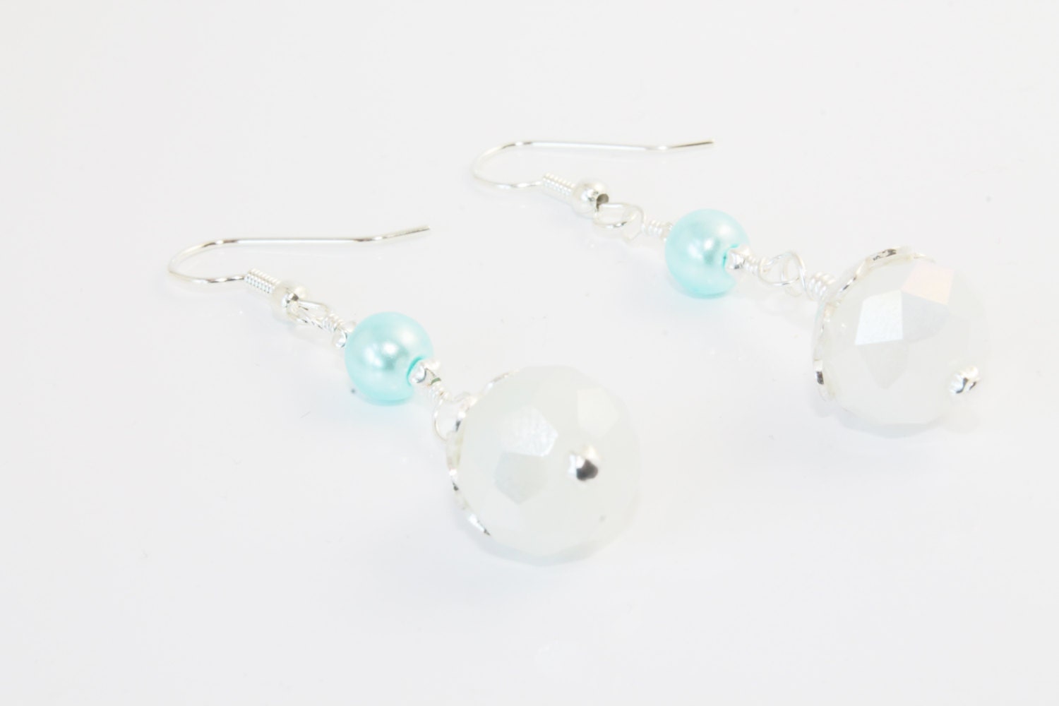 SALE Tiffany Blue Glass Pearl and White Faceted Round Dangle Earrings