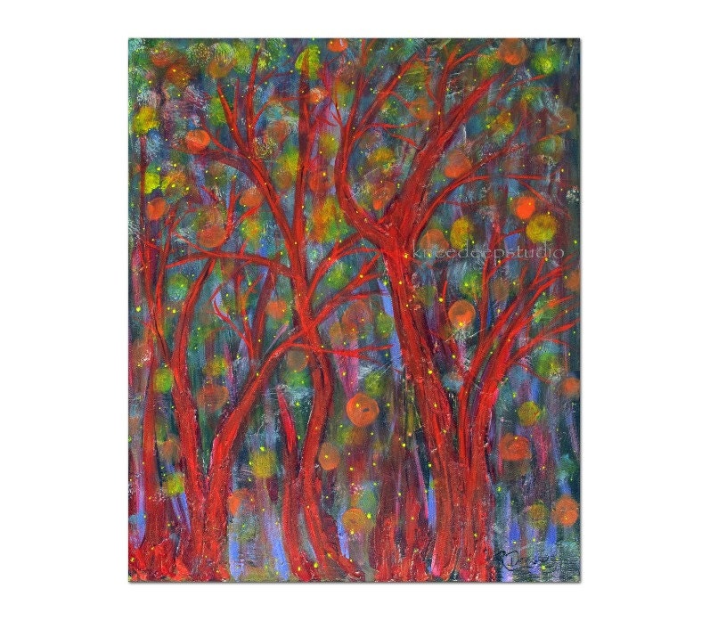 Abstract Trees Painting 20x24 fine art acrylic on canvas bright red colorful modern home decor