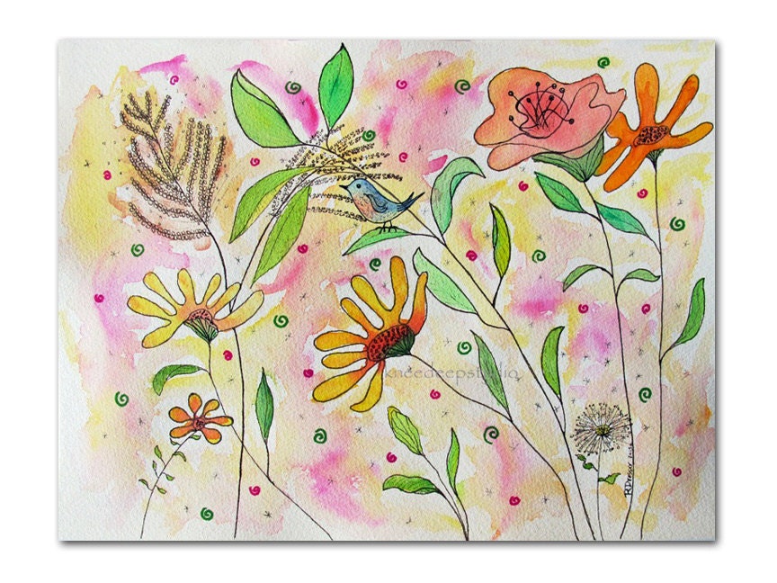 Botanical garden painting 9x12 whimsical fine art original watercolor pen and ink colorful wall decor nursery bedroom