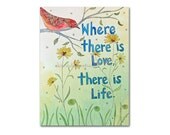 Love & Life painting 8x10 print red bird daisies watercolor ghandi quote wall decor for nursery or bedroom