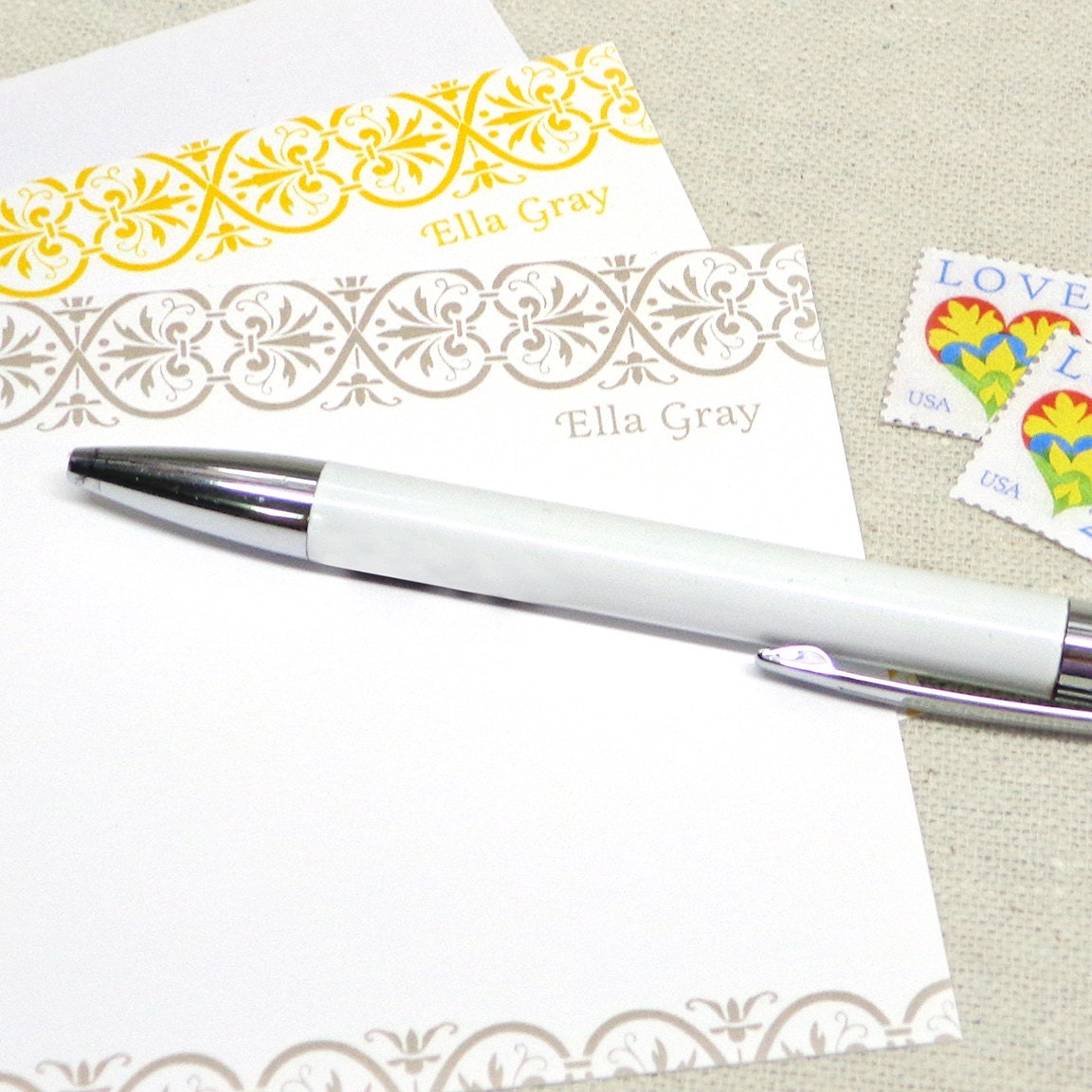 personalized flat note cards stationery set - ELEGANT ELLA - set of 12 - personalized stationary set - choose color