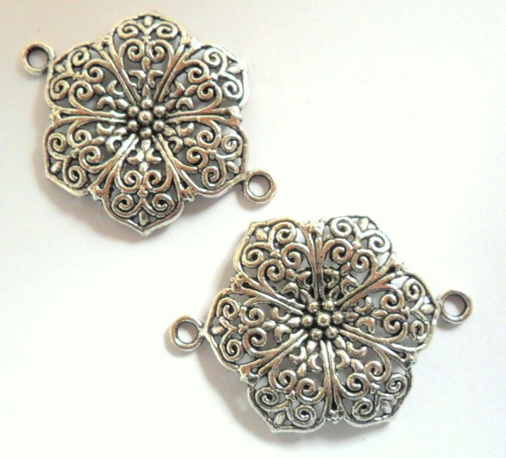 Antiqued Silver Filigree Flower Link Pendant Findings,  Lead Free Pewter, 2 pieces