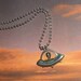 Alien Abduction Necklace, Silver Tone UFO Extraterrestrial Flying Saucer