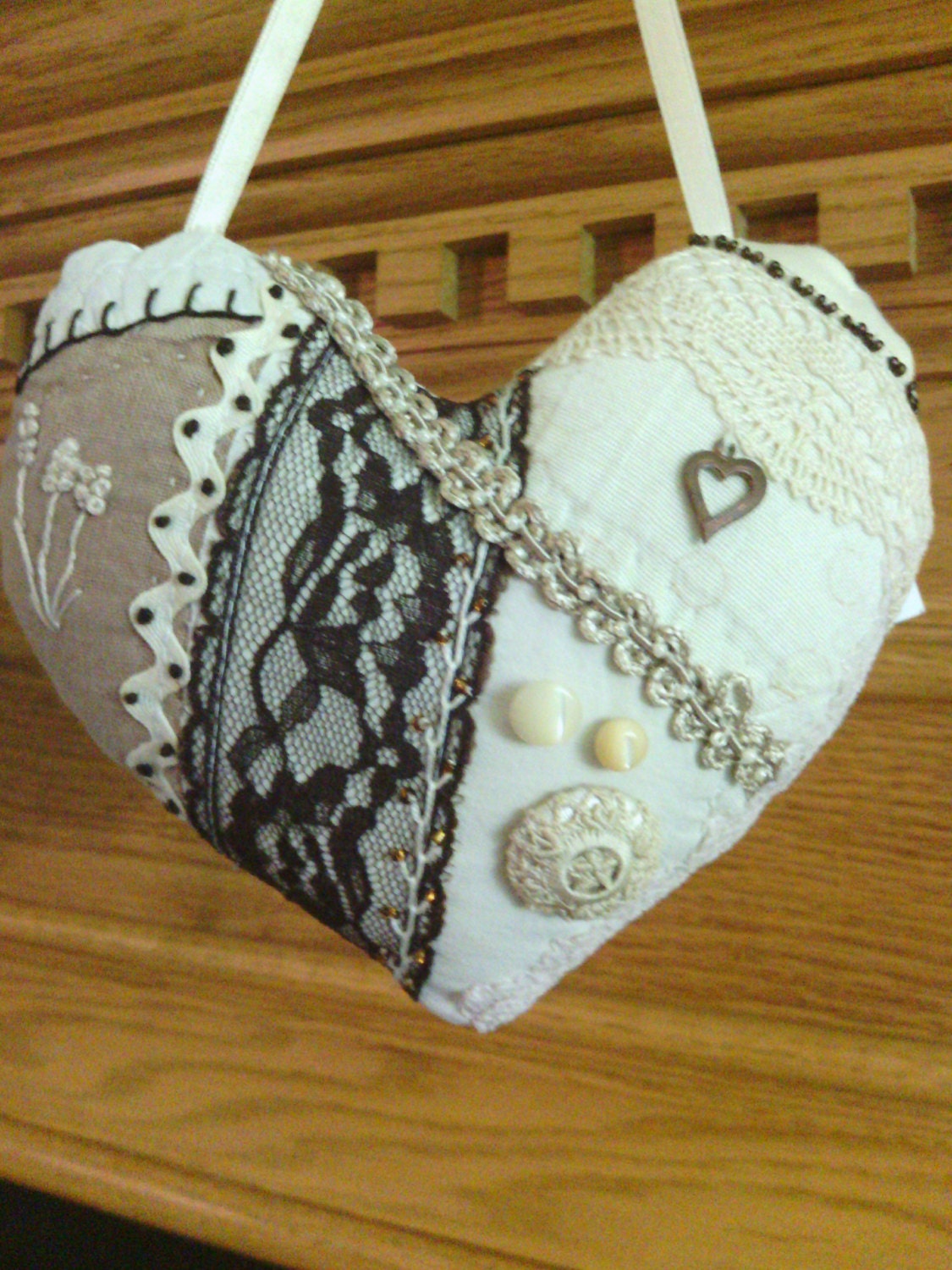 Chocolate Brown Heart Crazy Quilt Pillow