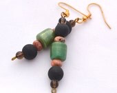 Black and Green Glass, Pink Jasper, Smoky Quartz, Gold  Dangle Earrings