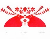 Red Stags &  Woodland Anemones - An Original Hand Pulled Gocco Print