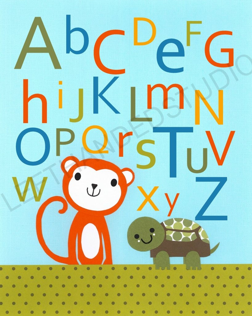 Target Circo ABC Print, MONKEY and TURTLE,  Alphabet Art Print, Children's Art Print, 8x10, By Left Handed Studio