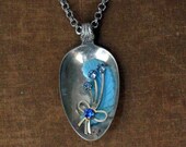 Vintage Spoon and Upcycled Jewelry Pendant Blue Feather