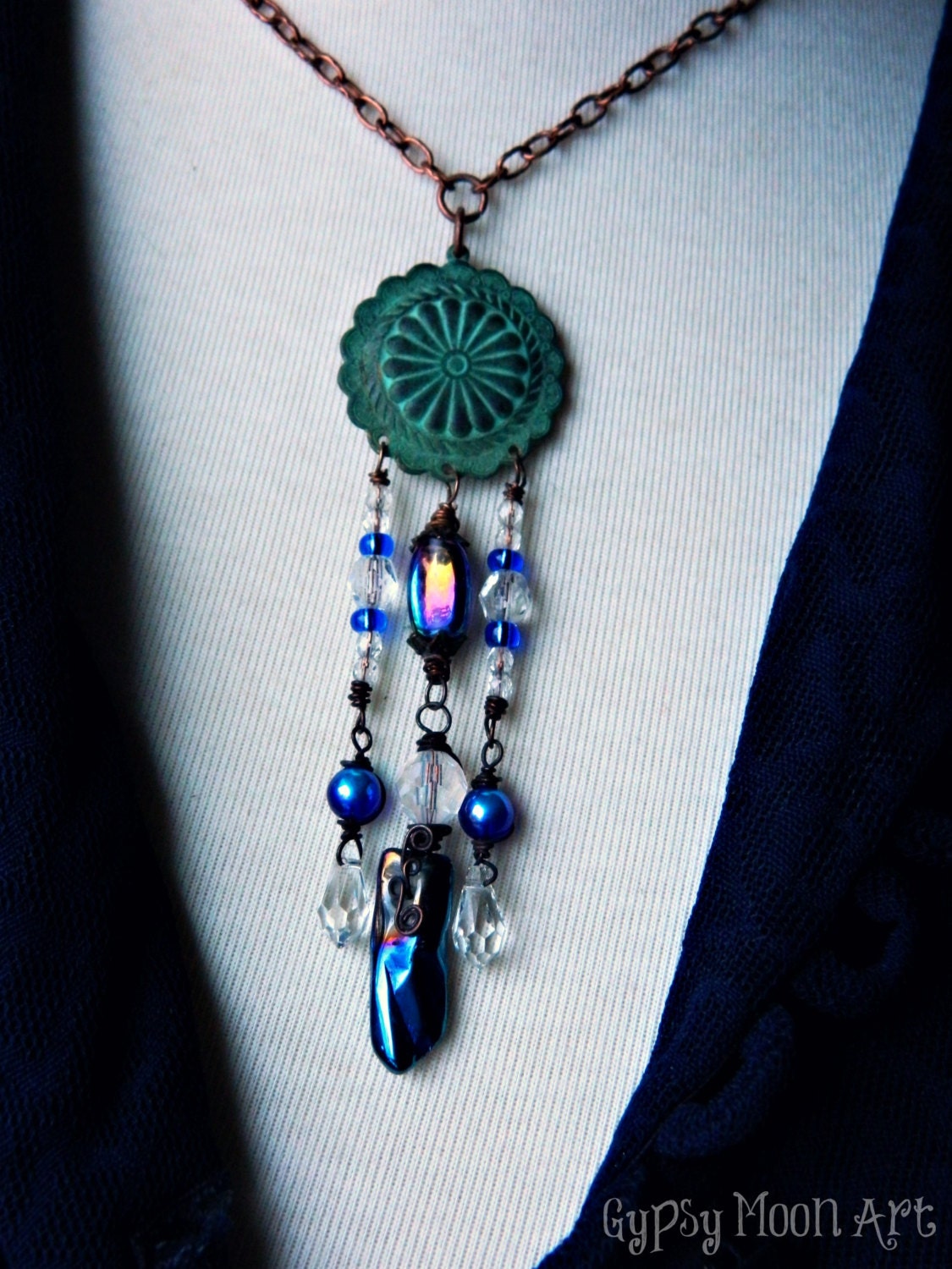 Bohemian Necklace.  Iridescent Electric Blue and Clear Glass Bead Boho VerdigrisTribal Necklace.