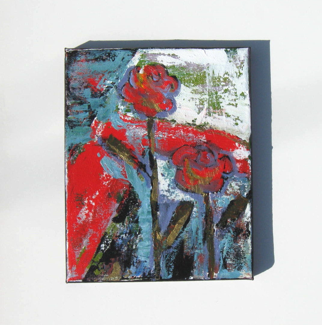 Red Flowers Abstract Acrylic Painting, Original on canvas