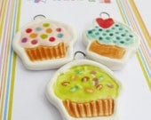 Handmade Ceramic Charms / pendants - Cupcakes -  Set of three - UK
