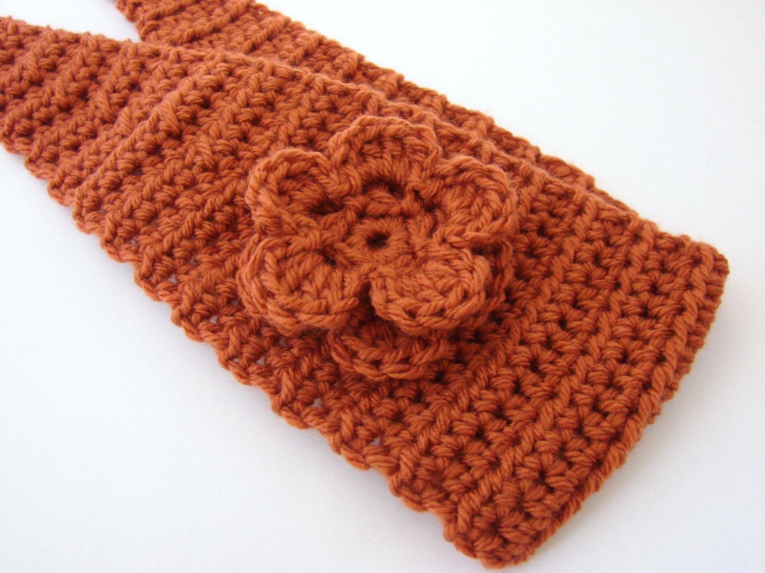 Crochet Headband, Headwrap, Ear Warmer, Burnt Pumpkin Flower Head band, Adjustable Hair Accessory, Winter Fashion MADE TO ORDER