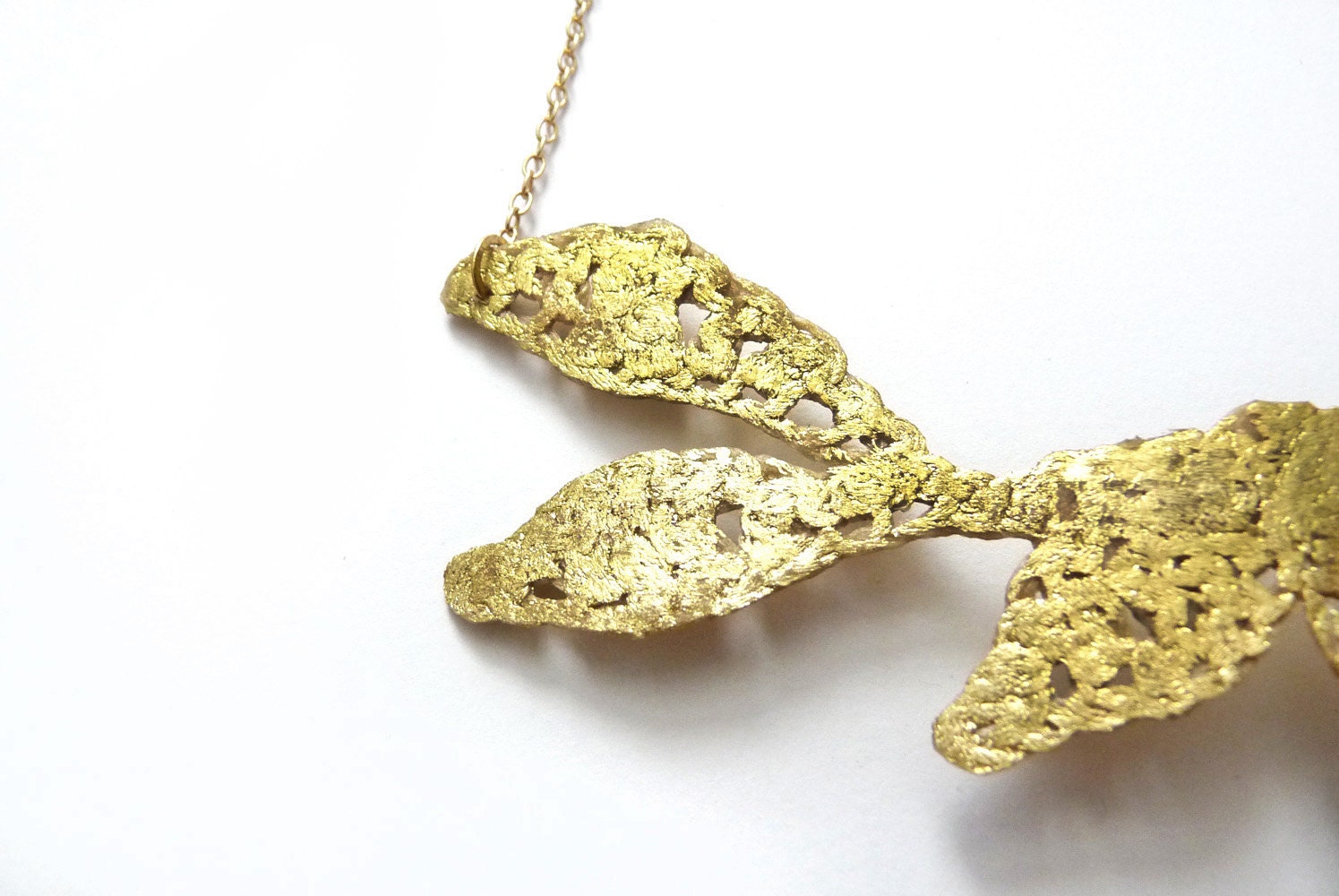 Crochet golden leaves necklace -24K gold plated chain, gold filled Closures