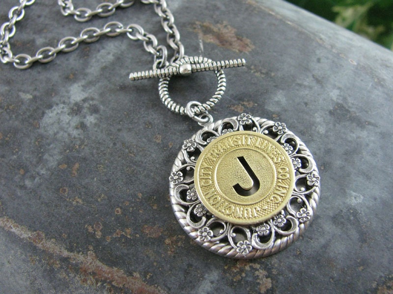 Transit Token Jewelry - Genuine Junction City Kansas Transit Token Medallion Toggle Clasp Necklace - Initial J