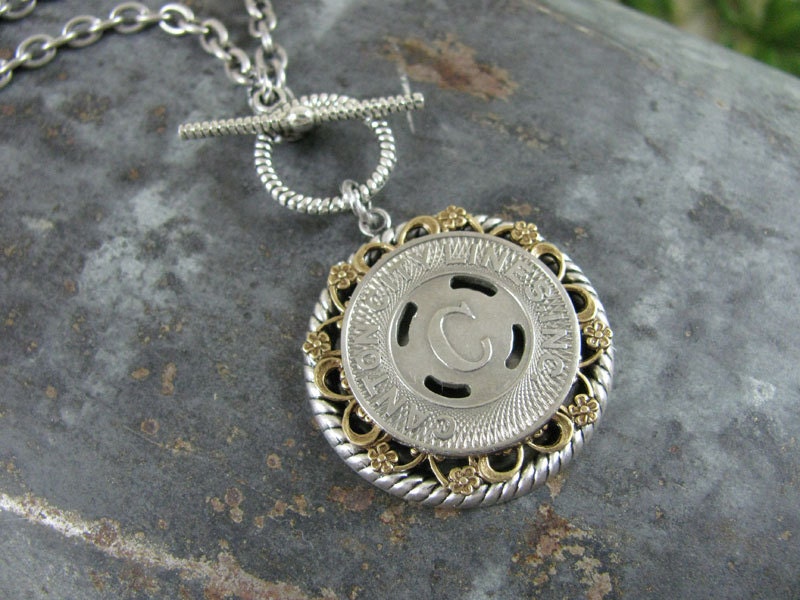 Transit Token Jewelry - Genuine Canton City Ohio Transit Token Medallion Necklace on Easy Toggle Clasp - Initial C