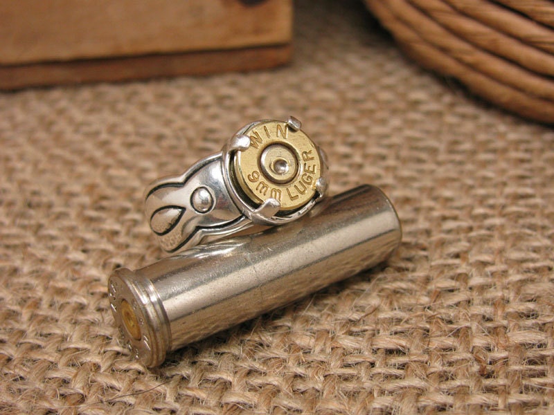 Bullet Casing Jewelry - Sterling Silver Southwest Style Engraved Brass Winchester 9mm Bullet Casing Ring
