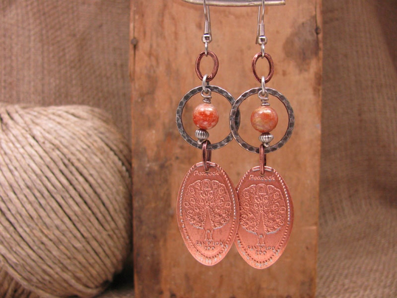 Upcycled Coin Jewelry - Pressed Copper Pennies from the San Diego Zoo - Peacock - Autumn Jasper Beadwork - Mixed Metals