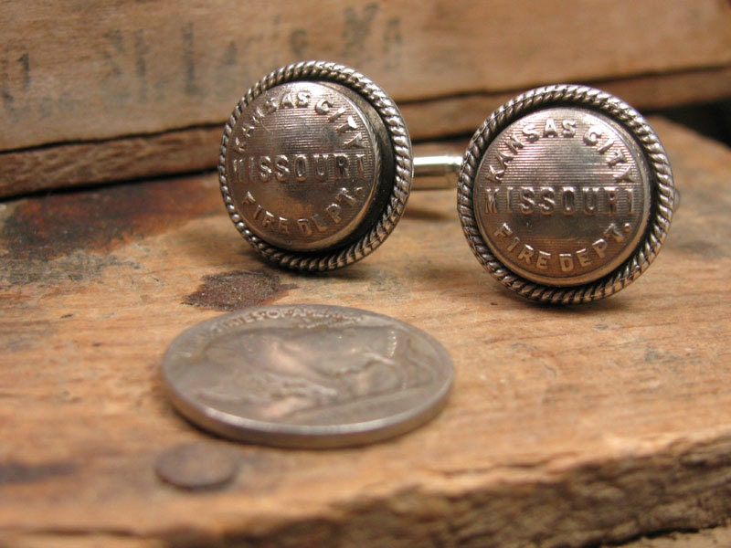 Button Jewelry - Upcycled Kansas City Missouri Fire Department Silver Cuff Buttons - Cuff Links for Man - Great FD Collectible