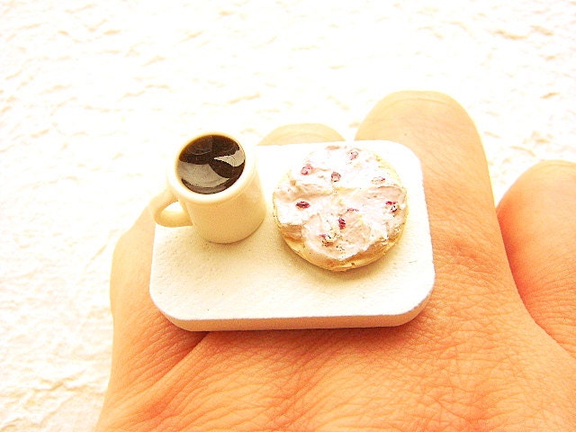 Coffee Ring Miniature Food Jewelry Coffee And A Bagel With Cream Cheese