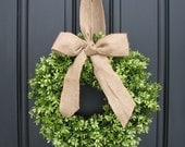 Spring Decor - Burlap Bow - Boxwood Wreath - Door Wreaths