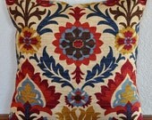 Decorative Pillow Cover 20x20 inches Damask Print in Blue Red on Oatmeal Background Toss Pillow Accent Pillow