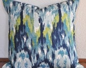 Decorative Ikat Pillow Cover 20x20 inches Blue Navy White and Green 20x20 Pillow Cover