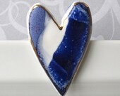 Porcelain Heart Brooch.  Cobalt Blue and White with 22K Gold Decoration. Indigo. Denim.
