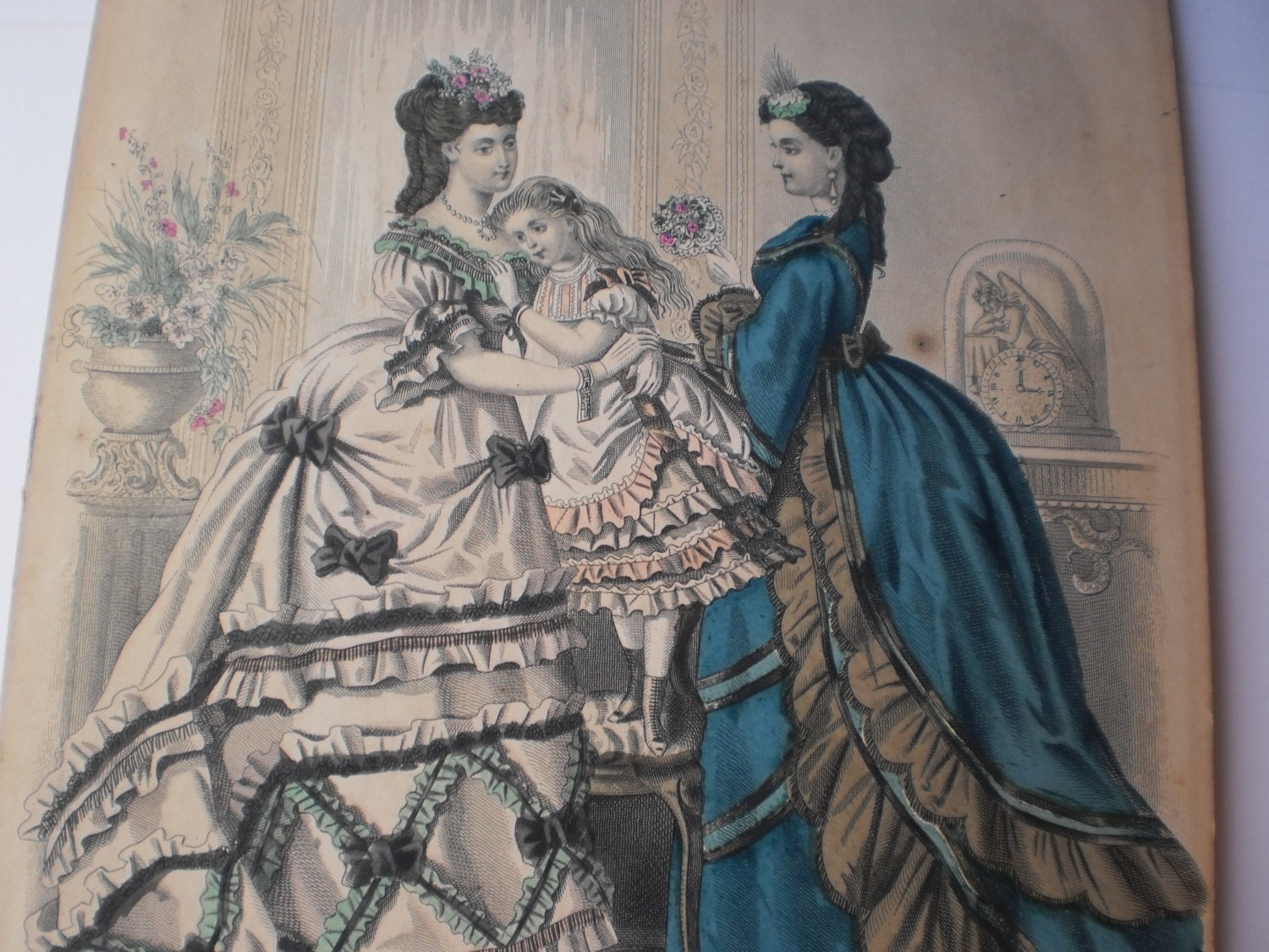 French Fashion Print Hand Colored Plate Tint Modes de Paris Petit Courrier des Dames Vintage Victorian Godeys Modes Illustree Engraving