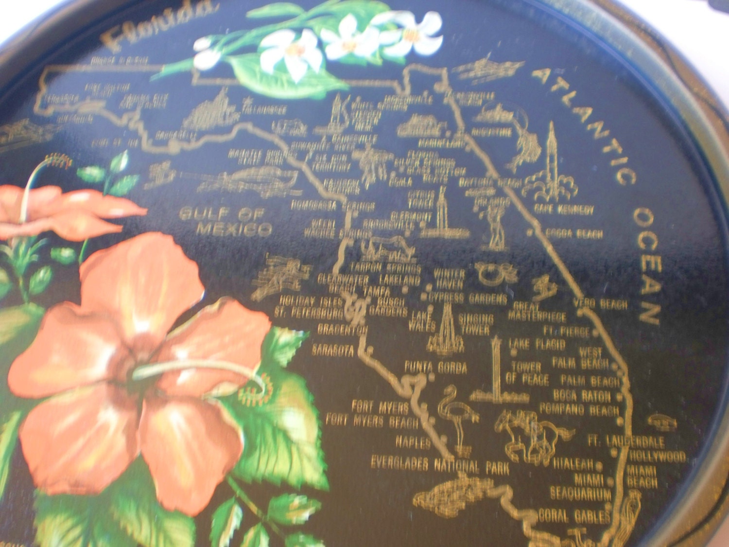 Tole Tray Souvenir Tray of Florida State Map Black Gold Mid Century Tourist Travel Keepsake Collectible Momento Orange  Green Floral Vintage