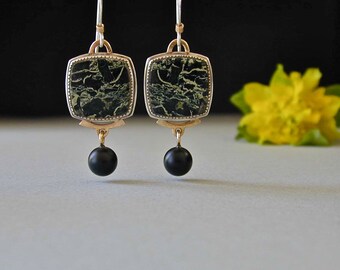 Jasper Earrings, Black, Green, Onyx Drops, Joberg Jasper, Dangle Earrings, Sterling Silver, 14kt Gold, Elegant