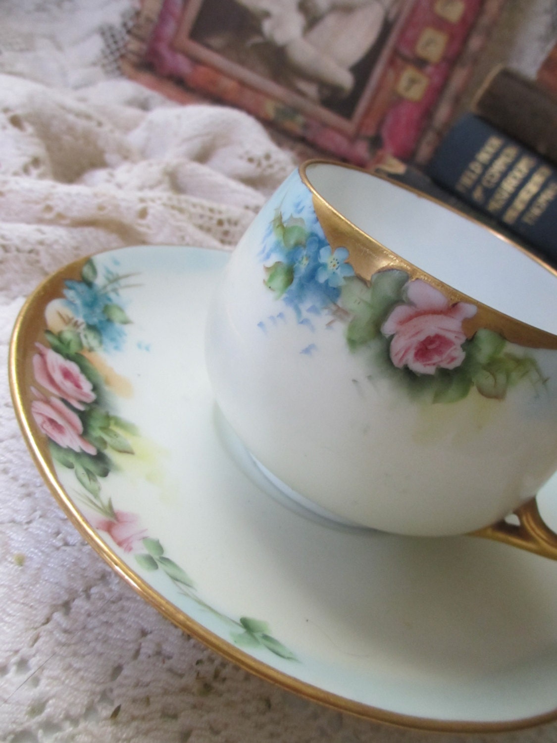 Hand Painted Tea Cup and Saucer Roses and Forget Me Nots Bavaria