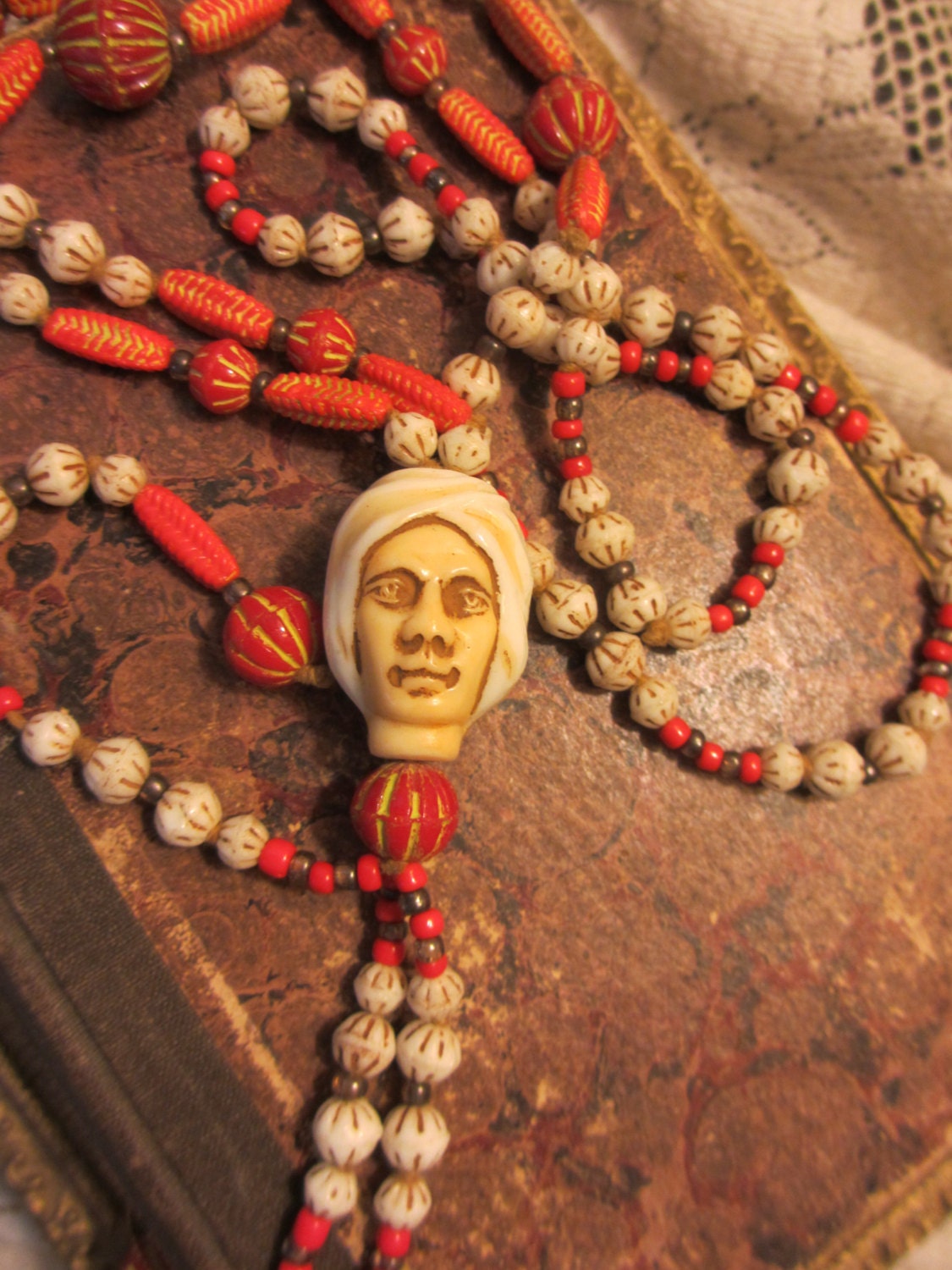 Max Neiger Rare Large Turban Head Necklace Red Beads Three Dangles Authenticated