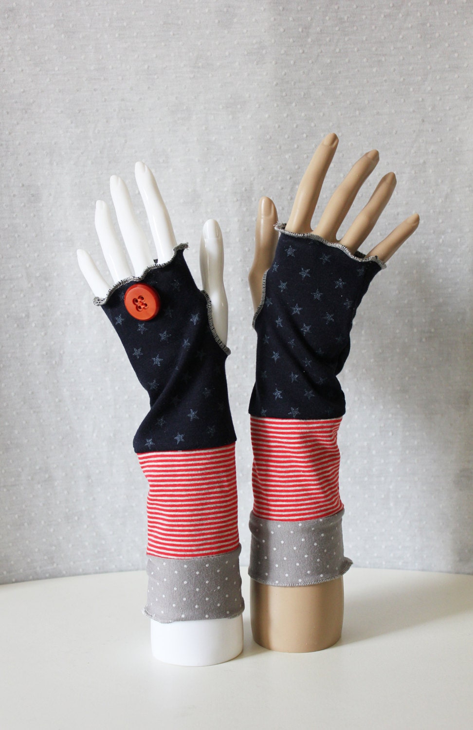 Mittens blue, red, grey and big red button