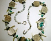 1970s Tribal Boho OOAK Necklace, Funky Seeds, Shells, Silver Discs, Dried Corn Kernels, Gray White Silvertones