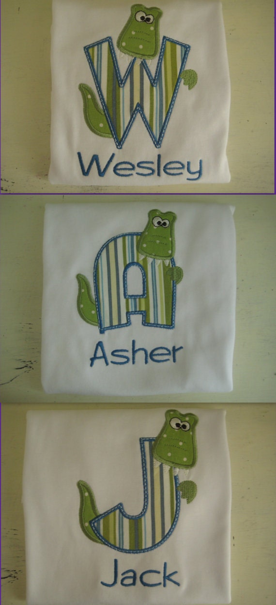 Custom Appliqued Initial and Alligator Onesie Bodysuit for Girls or Boys
