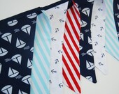 Nautical Sailboats, Anchors Banner in Navy Blue, Aqua, Red, White - Boy's Birthday Bunting, Mini Sessions, Photo Prop - fabric flags