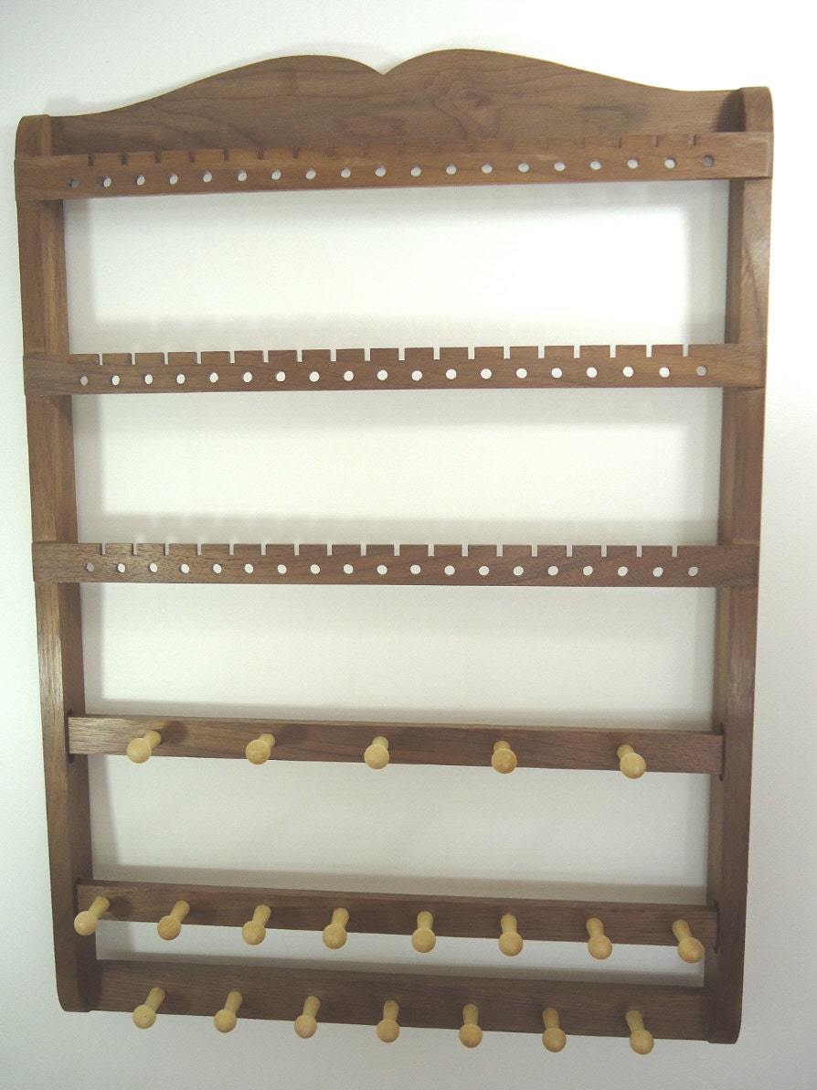 Jewelry Holder, Earring Holder, Dark Walnut Hardwood, Hanging, 2 Necklace Bars, 1 Bracelet Bar, 54-108 Pairs, 20 Peg Rack, Ready To Ship