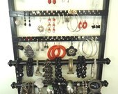 Jewelry Holder, Bangle Bracelet Holder (2) , 54-108 pair Earring Holder, 11 Necklace Pegs, Ebony (Black) Oak, Wood, Hanging, Ready To Ship