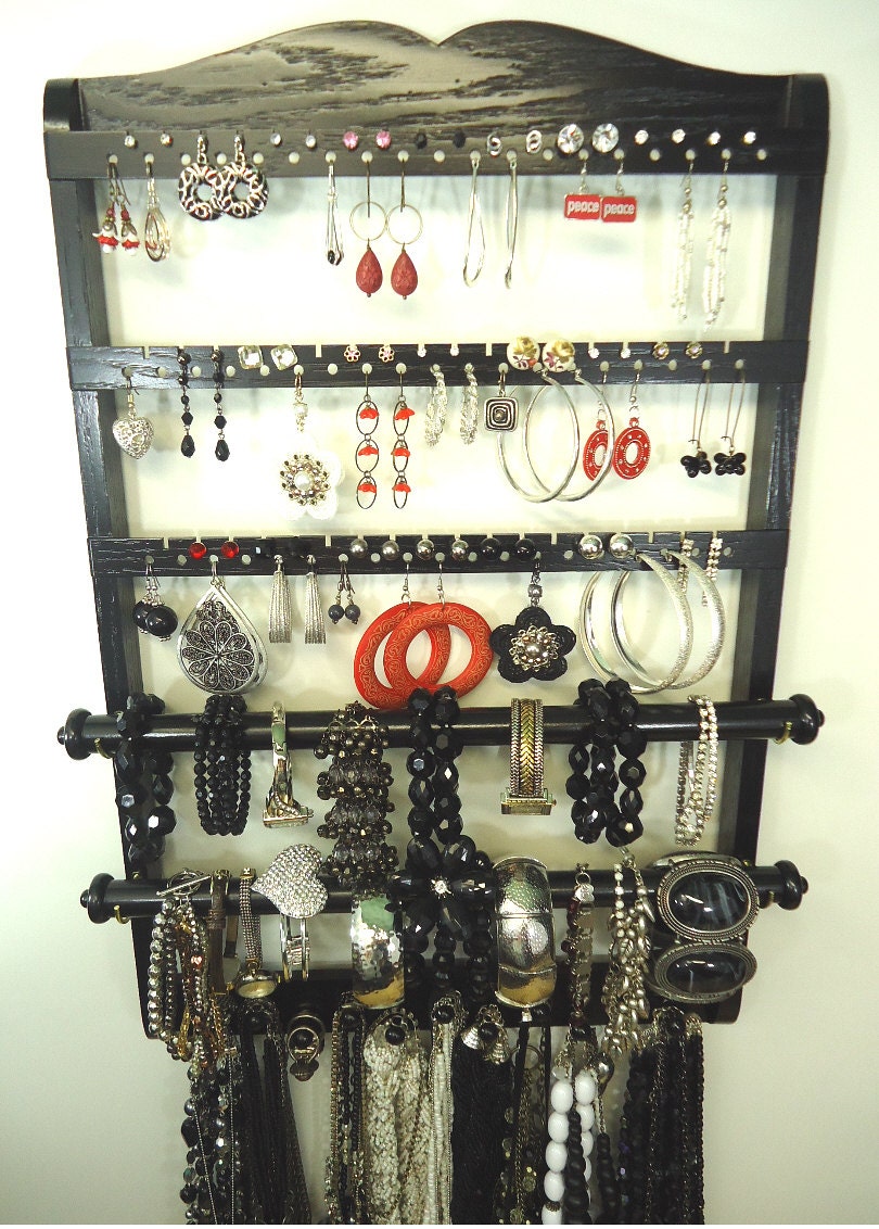 Jewelry Holder, Bangle Bracelet Holder (2) , 54-108 pair Earring Holder, 11 Necklace Pegs, Ebony (Black) Oak, Wood, Hanging, Ready To Ship