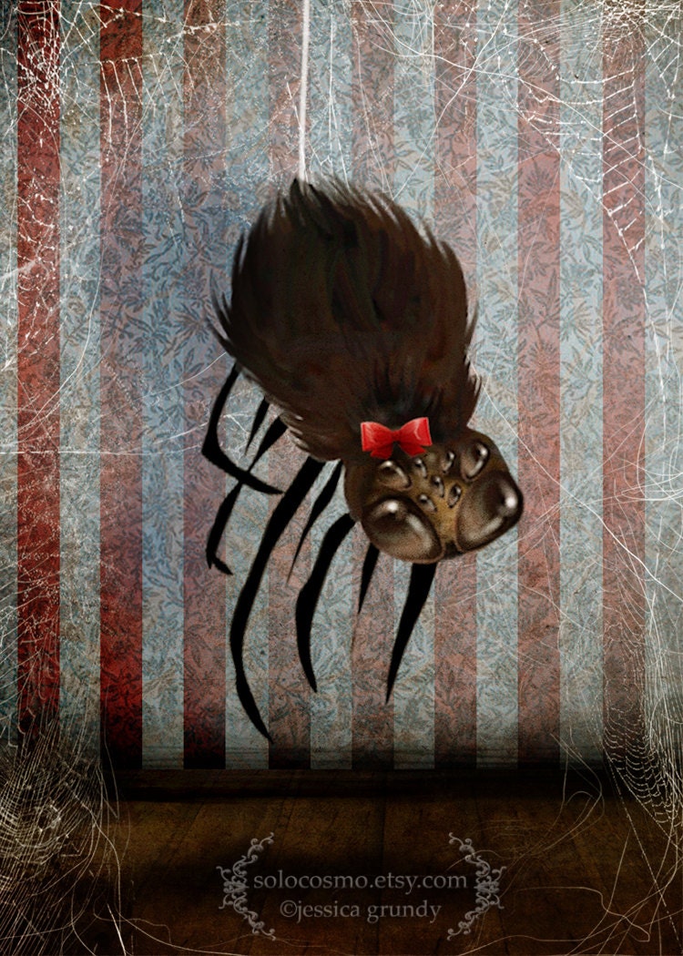 ACEO ATC Artists Trading Card - 'Ms. Spider on her Own' - Mini Fine Art Giclee Print 2.5x3.5" - Cute Spider with Red Bow