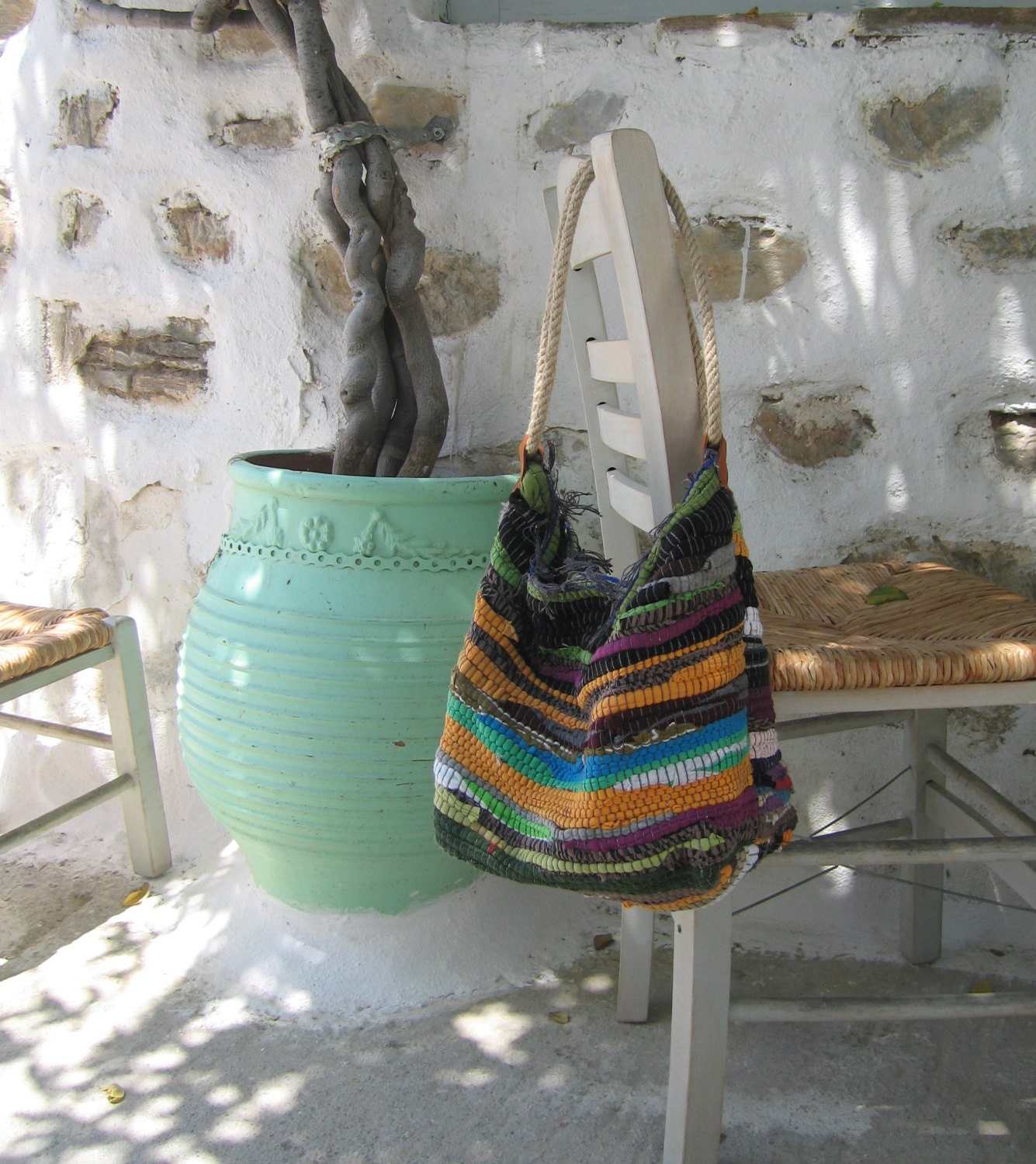 Bohemian shoulder kilim bag medium size jute rope handle ready to ship